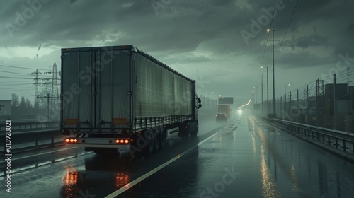 An extreme long haul semi-truck with a cargo trailer traveling across a continent in the rain during the daytime. Industrial retail warehouses are in the background. Front shot.