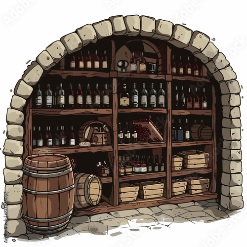 Cozy Stone Wine Cellar with Barrels and Bottles