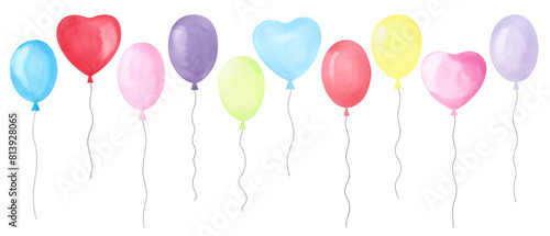 A set of watercolor multicolored inflatable balloons isolated on a white background  hand-drawn. A decorative element for a holiday  design  decoration  congratulations. Flying children s balloons.