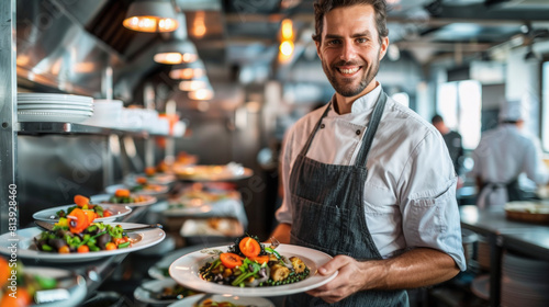 A smiling male chef in an apron presenting two plates of gourmet food in a bustling restaurant kitchen  pride evident in his accomplished presentation.