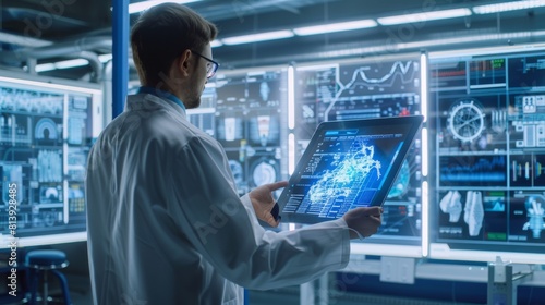 The engineer is using a digital tablet computer with Augmented Reality software to analyze the content. The facility has large screens showing industrial design in a high-tech development lab.