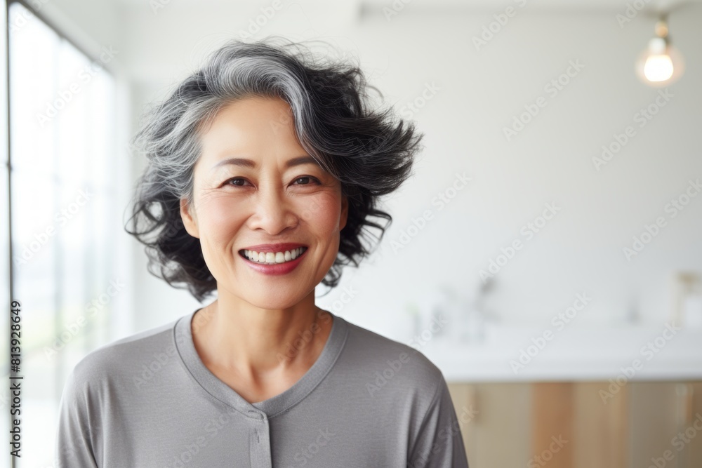 Portrait of a joyful asian woman in her 50s smiling at the camera isolated in modern minimalist interior Portrait of a joyful asian woman in her 50s smiling at the camera isolated in modern minimalist interior