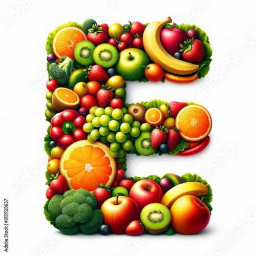 Colorful assortment Vitamin E vegetables fruits creatively shape letter E  Nutritional concept