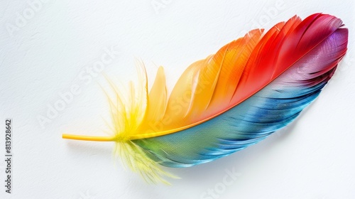 Vibrant multicolored feather isolated on white background. Art and design concept.