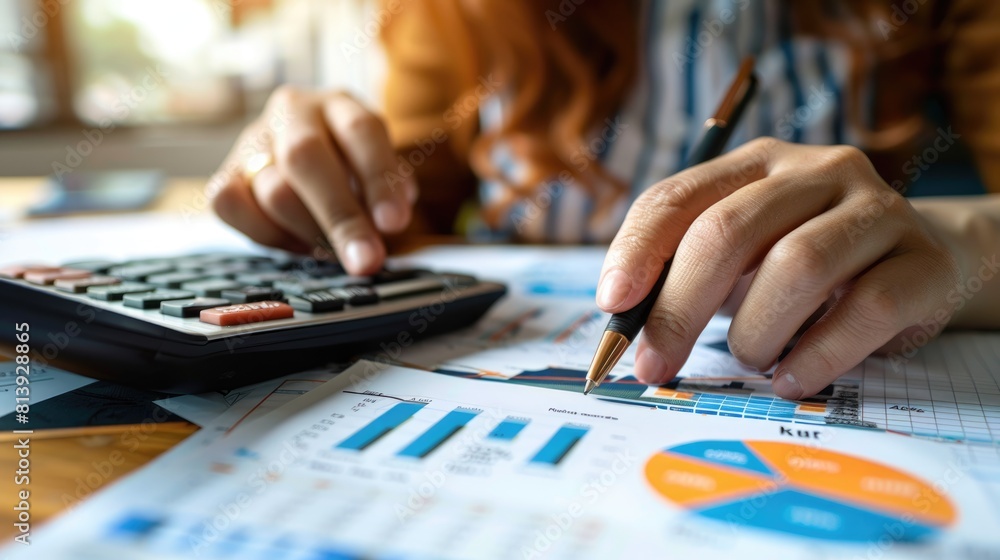 woman counts her income on calculator and graph on table. Investment saving money horizontal concept copy space Accounting calculation of mathematical economic financing. woman counts her income on calculator and graph on table. Investment saving money horizontal concept copy space Accounting calculation of mathematical economic financing.