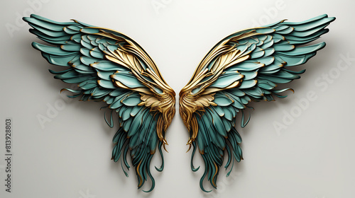 Artistic Design Of Gold And Green Feathered Wings On White Background