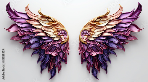 Minimalistic Art Of Purple And Gold Feathered Wings On White Background