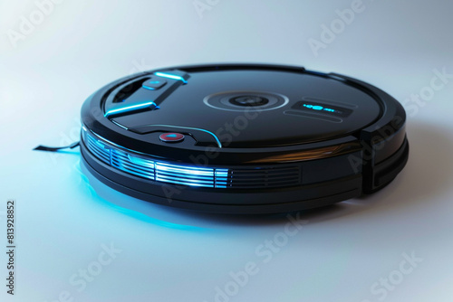 A sleek and modern robotic vacuum cleaner with anti-collision sensors and automatic obstacle detection isolated on a solid white background.