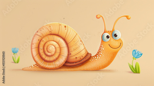 A cheerful cartoon snail with a large, detailed shell, big eyes, and a friendly smile, surrounded by small blue flowers on a beige background.