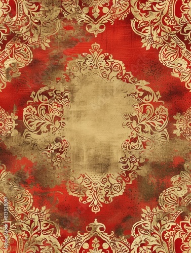 Elaborate IndianInspired Wallpaper in Red and Gold Showcasing MughalEra Inspired Floral Motifs and Metallic Accents photo