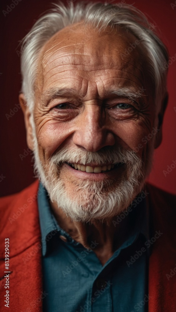 Gray-haired elderly man in stylish club clothes on a red background. Gray-haired elderly man in stylish club clothes on a red background.