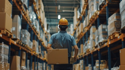 An attractive male worker is wearing a hard hat as he walks through a retail warehouse full of goods on shelves. Working in a logistics and distribution center. Front shot.