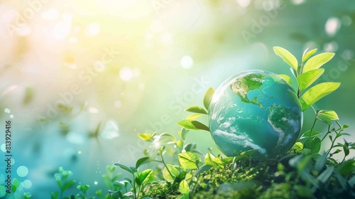 Planet Earth with growing plants on a bokeh background. Sustainable living and environmental care concept