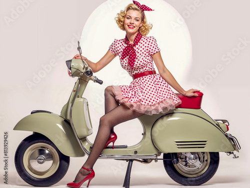 A pin-up girl wearing 50's style clothes sitting on a vintage scooter