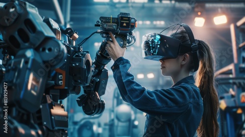 During a factory test, a female engineer tests vital components of a futuristic bionic exoskeleton worn by her project assistant. The contractor lifts steel parts in a powered shell.