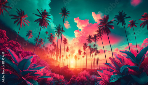 A vibrant tropical beach scene at sunrise  with tall palm trees silhouetted against a colorful sky filled with pink and turquoise hues