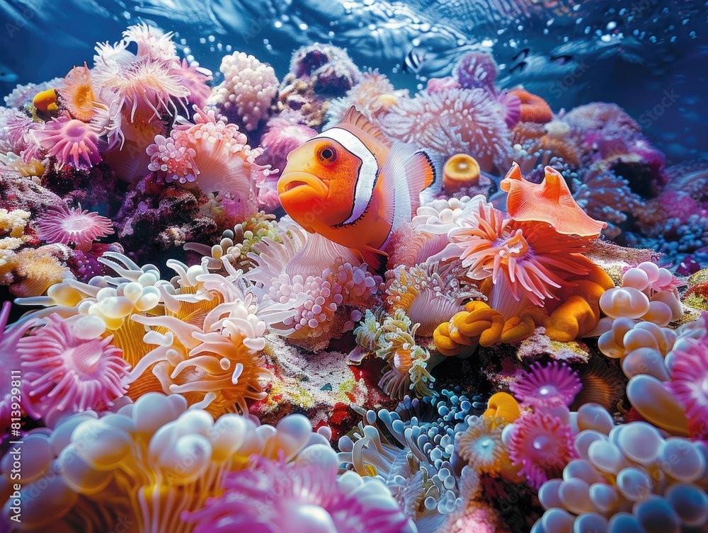 clown fish is surrounded by corals and sponges in the Red Sea. Multicolored blue ocean background Travel advertising concept clown fish is surrounded by corals and sponges in the Red Sea. Multicolored blue ocean background Travel advertising concept