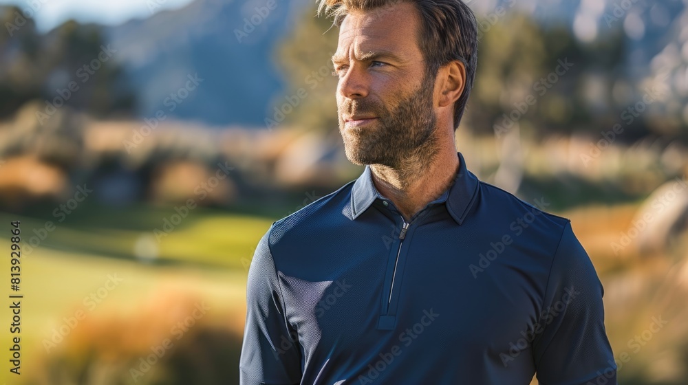 Portrait of handsome man with beard and blue shirt standing on golf course on a sunny day blurred rural background with copy space Portrait of handsome man with beard and blue shirt standing on golf course on a sunny day blurred rural background with copy space