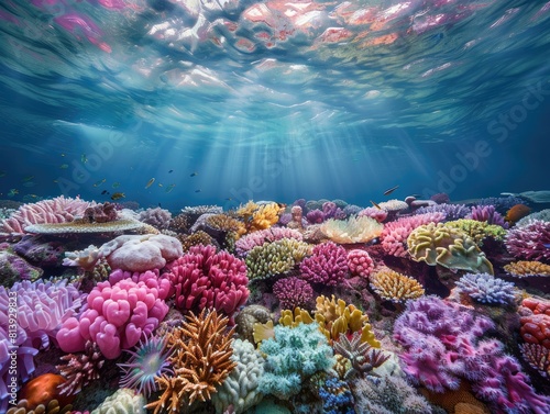Fototapeta Naklejka Na Ścianę i Meble -  Colorful tropical coral reef without fish underwater in the Red Sea. Tourism advertising concept blue ocean background with copy space