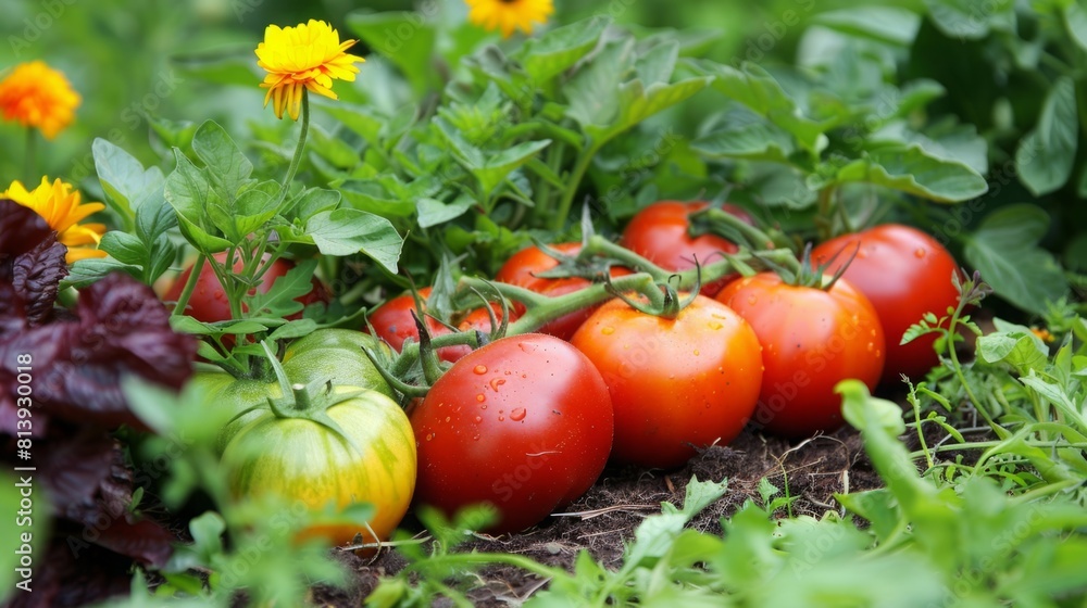 A straight row of tomatoes and assorted vegetables growing in a garden. A straight row of tomatoes and assorted vegetables growing in a garden.