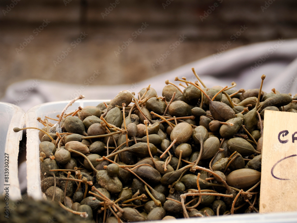 capers in the local market in Ortigia island in province of Syracuse in Sicily capers in the local market in Ortigia island in province of Syracuse in Sicily