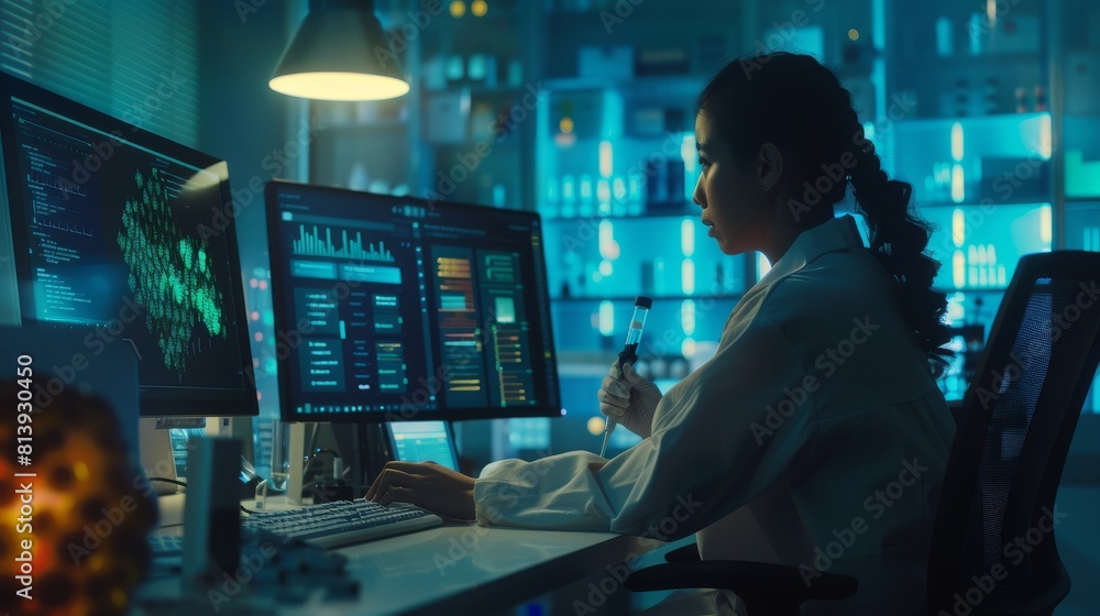 Molecular Biology Lab with Multi-Ethnic Team of Biotechnology Scientists Developing Drugs, Microbiologist Working on Computer with Gene Editing Interface Display. Molecular Biology Lab with Multi-Ethnic Team of Biotechnology Scientists Developing Drugs, Microbiologist Working on Computer with Gene Editing Interface Display.