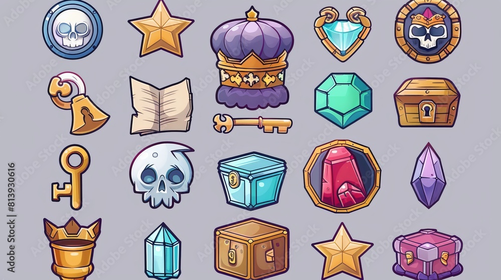 Set of game icons, a cartoon skull, a coin, a star, a xp and a gold cup ...
