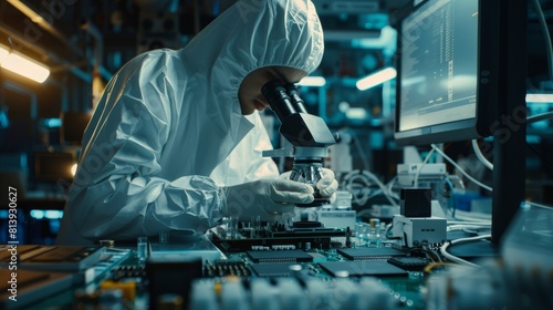 Cleanroom in a research factory: Engineer, wearing gloves and coveralls, inspects components of a microprocessor in a motherboard. photo