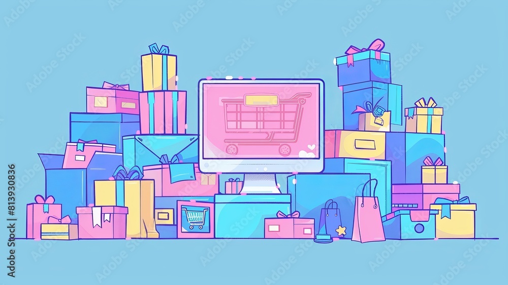 Animated shopping landing page. Internet sale in shop via digital platforms and desktop and mobile. Customer service, shipping, line art modern web banner. Animated shopping landing page. Internet sale in shop via digital platforms and desktop and mobile. Customer service, shipping, line art modern web banner.