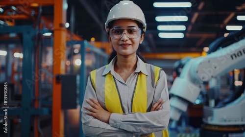 Photograph of Handsome Indian Engineer Wearing Safety Vest and Hardhat Crossing His Arms and Smiling. Professional Woman Working in Modern Manufacturing Factory. CNC Machinery and Robot Arm.