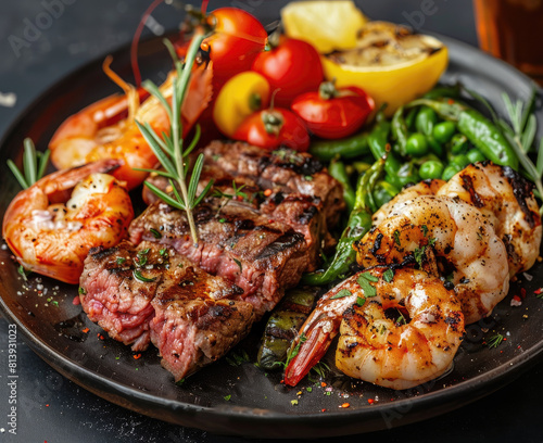 A plate of food with steak, shrimp, and vegetables