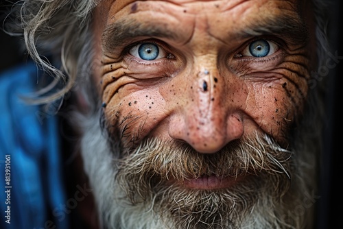 Close-up portrait of an old man with blue eyes, a long gray beard and a mustache sprinkle a few on his face. Homeless grandfather © ISVO