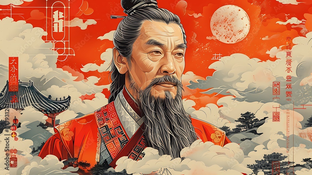 Design an illustration depicting Confucius and his teachings with