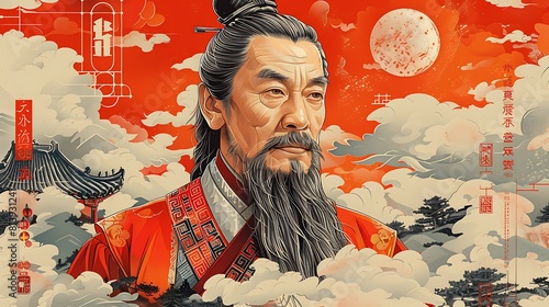 Design an illustration depicting Confucius and his teachings with quotes and symbols representing the core values of Confucianism such as filial piety virtue and social harmony.
