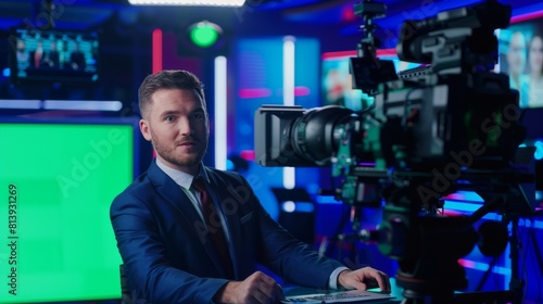 The camera is focused on a handsome male newscaster reporting on a news story on a green chroma key screen. A television newsroom channel is set up with a professional anchor and presenter presenting photo