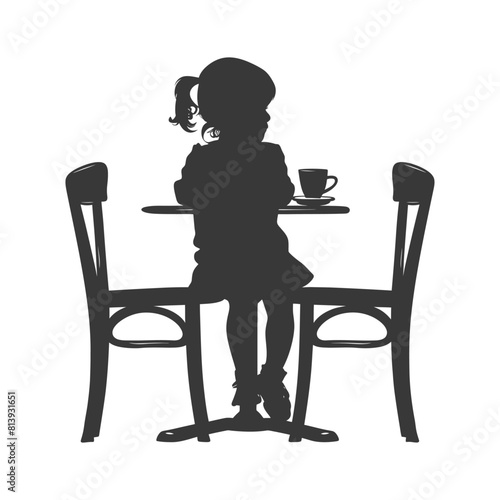 Silhouette little girl sitting at a table in the cafe black color only