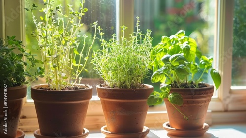 Group of potted plants arranged on a window sill  basking in sunlight.