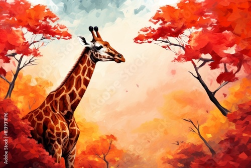 Giraffe in the autumn park. Autumn background  trees with red and yellow leaves.