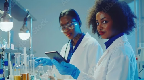 Scientific Laboratory for Medicine, Microbiology Development. Two female scientists working on digital tablets to analyze biochemical samples.