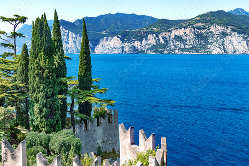 View of the Scaliger Castle in Malcesine on Lake Garda, located in the Lombardy region in northern Italy. 