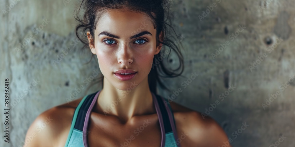 An athletic athletic girl stands against a concrete wall. Generative AI. An athletic athletic girl stands against a concrete wall. Generative AI.