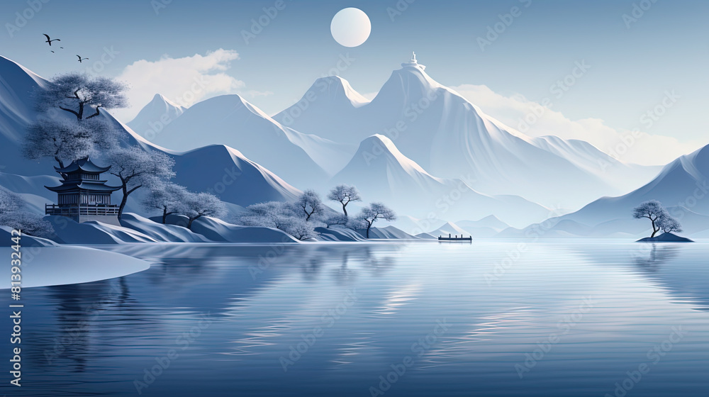 Contemporary Painting of Traditional Chinese Architecture Front of Snow Mountains and Lake Water Landscape Background