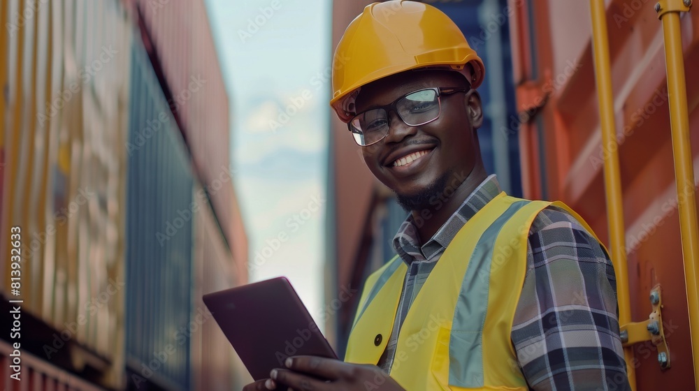 In this image, a handsome African American black industrial engineer in yellow hard hat and safety vest works on a tablet computer. He may be an inspector or safety supervisor at a container In this image, a handsome African American black industrial engineer in yellow hard hat and safety vest works on a tablet computer. He may be an inspector or safety supervisor at a container