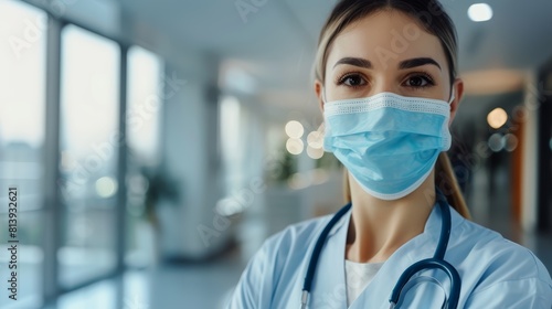 Female doctor with stethoscope wearing surgical mask in hospital corridor