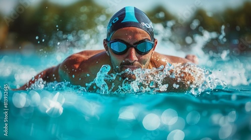 A man is swimming in a pool while wearing goggles, focusing on his strokes and breathing technique.