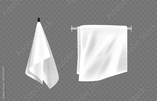 Two White Terry Towels, One Hanging On A Hook And Another On A Towel Rail Isolated On Transparent Background, 3d Vector