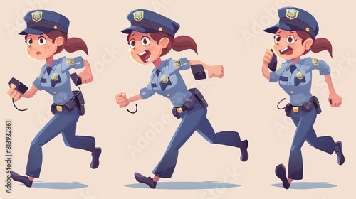 Female police officer, female police officer at work. Woman wears blue uniform, issues a fine, runs, uses walkie-talkie while on duty. Girl city patrol constable fends off criminal. Linear flat photo