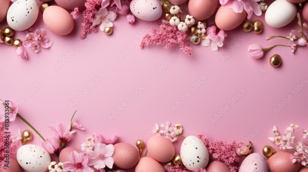 Easter background with a decorative frame of pink and white eggs and blooming spring flowers. Central copy space for text or design mockup. Bright festive layout for seasonal greetings or promotions.
Easter background with a decorative frame of pink and white eggs and blooming spring flowers. Central copy space for text or design mockup. Bright festive layout for seasonal greetings or promotions.