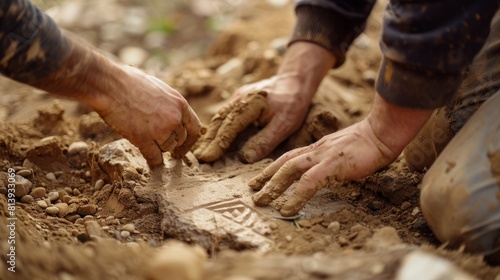 In this video, you can watch two great archeologists work on a dig site, carefully cleaning and lifting a recently discovered cultural artifact from an ancient civilisation, a historic clay tablet. photo