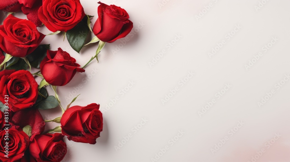 top view of red roses border on white horizontal background with copy space, valentines day and women's day concept top view of red roses border on white horizontal background with copy space, valentines day and women's day concept